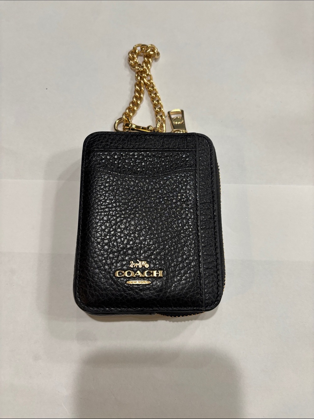 Coach Black Pebbled Leather Zip Card Case with Gold Chain